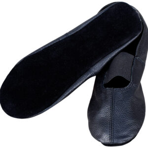 Black leather gymnastics shoes with soft suede soles and an elastic instep band, shown overlapping on a white background.