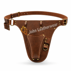Brown leather garden tool belt featuring durable stitching, antique brass fittings, adjustable straps, and a practical front pouch. Designed for gardening, landscaping, and outdoor work. Manufactured by John Leatherwear, with custom designs, logos, and OEM wholesale options available.