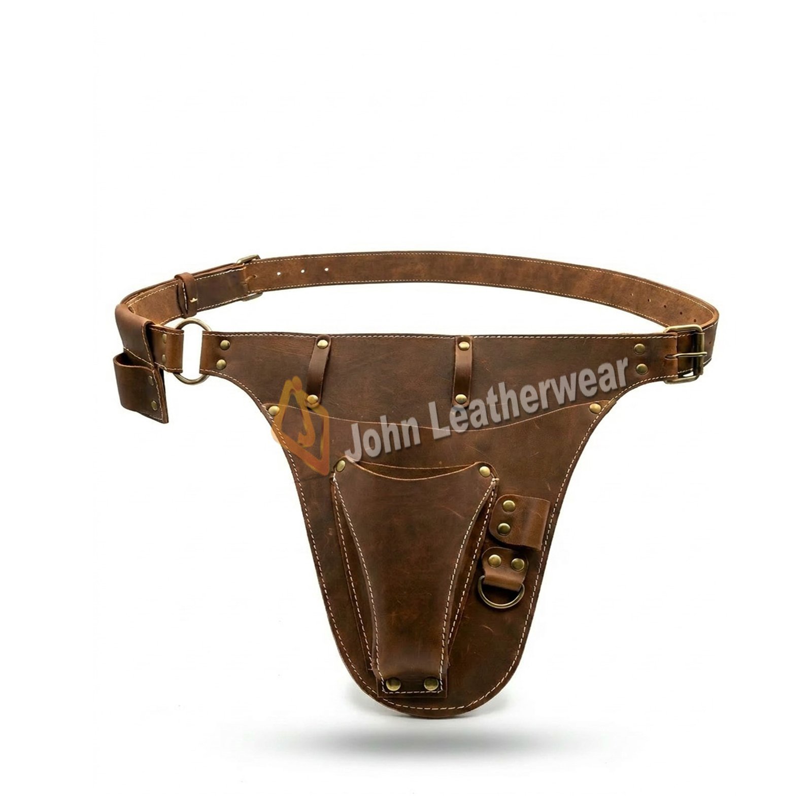 Leather tool belt pouch with multiple pockets, sturdy brown material, designed for holding tools and accessories.